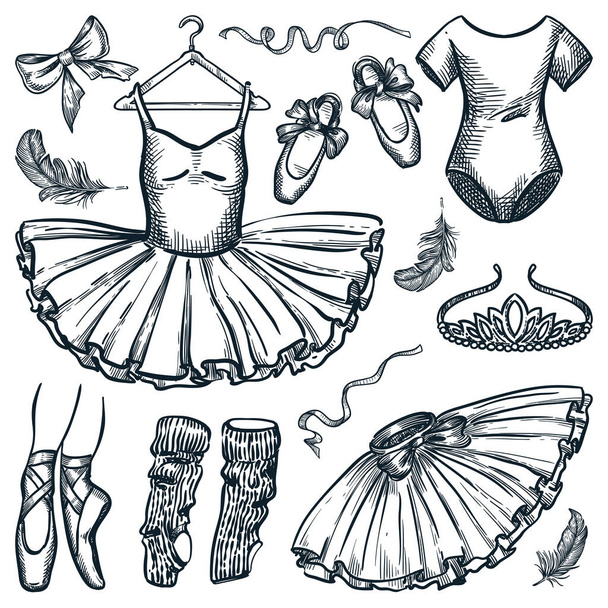 Elementos de diseño de danza de ballet aislados sobre fondo blanco. Dibujo dibujado a mano vectorial ilustración de vestido de bailarina, zapatos de punta, body y diadema de tiara - Vector, Imagen