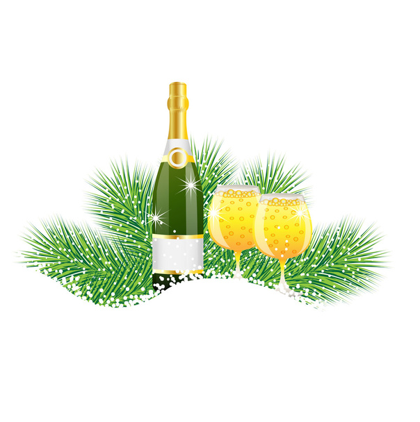 bottle and two glasses of champagne with the branches of fir-tre - Vector, Imagen