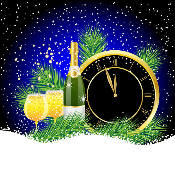 Clock and champagne with the branches of fir-tree on to snow - Vector, Imagen