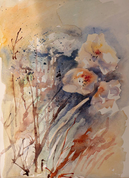Дикие цветы на лугу - акварельная иллюстрация ручной работы. - Фото, изображение