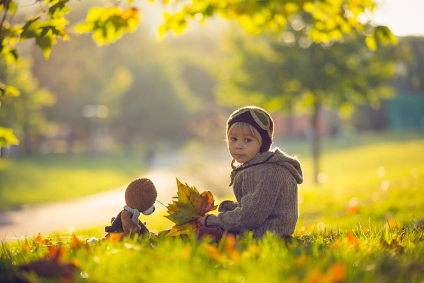 Little toddler child, boy, playing with airplane and knitted teddy bear in autumn park on sunset - Foto, afbeelding