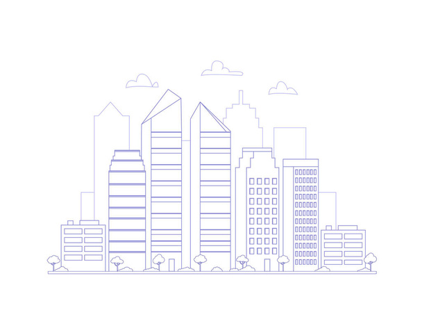 City buildings silhouette in line art style. Cityscape skyline business background vector Illustration. Urban landscape - Вектор,изображение