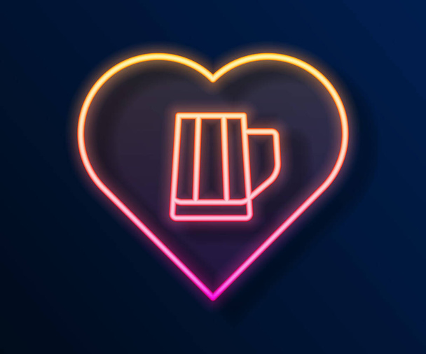 Glowing neon line Heart with glass of beer icon isolated on black background. Vector. - Vector, Image