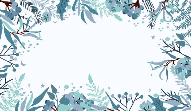 Christmas border with decorative flowers, leaves, blue berries, spruce branch. Winter composition perfect for greeting cards, poster, banner. Vector. - Vector, Image