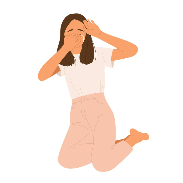 Sad girl crying on the floor. Depressed woman crying in fear while sitting on the floor. Vector illustration in cartoon style. Isolated white background - Vector, Image