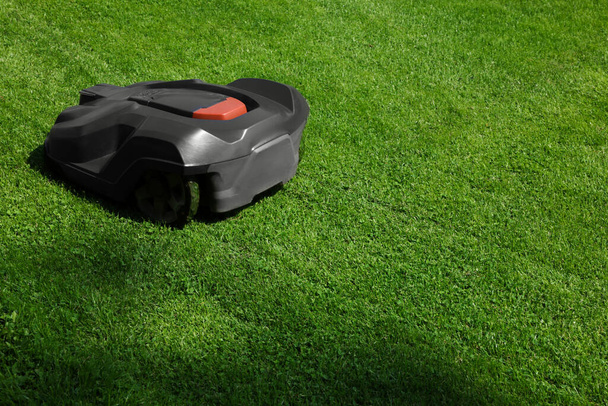 Modern robot lawn mower on green grass in garden - Foto, Imagen