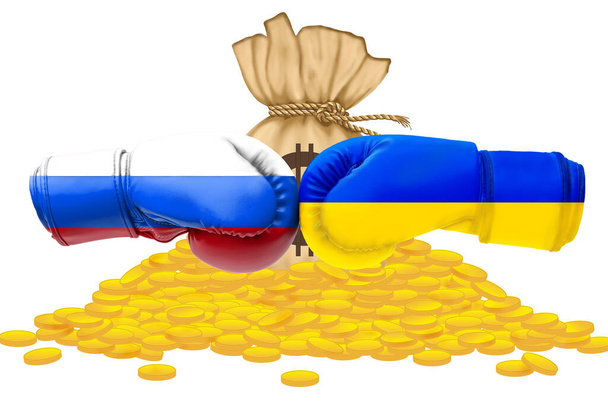 Bandeiras de ilustração 3D da Rússia e Ucrânia em pilha de moedas de ouro fundo. - Foto, Imagem