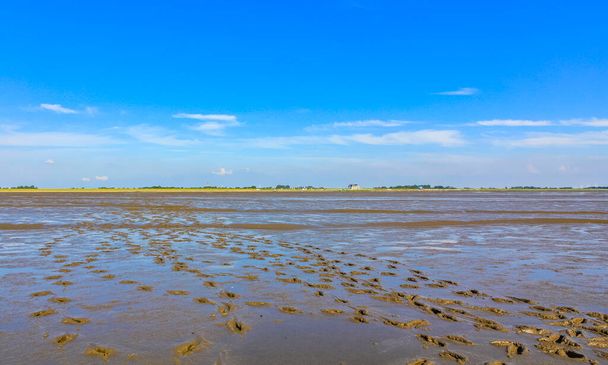 Zeegezicht strand en wad wandelen met blauwe lucht aan de Noordzeekust in Wremen Wursten Cuxhaven Nedersaksen Duitsland. - Foto, afbeelding