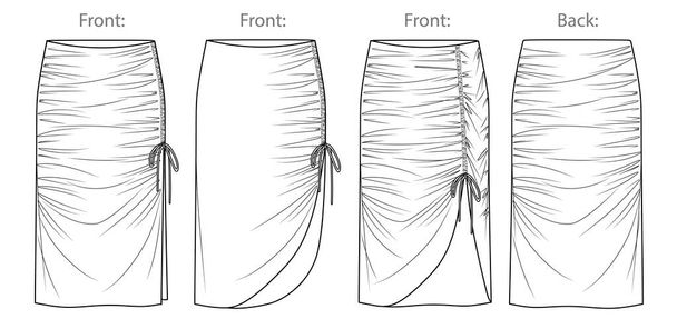サイドスリット技術的な図面、フラット、スケッチ、テンプレート、モックアップ付きの詳細なファッションCAD 、女性のジャージーや織生地のスモック長いスカートを収集するベクトルミディスカート。フロントバックビュー、ホワイトカラー - ベクター画像