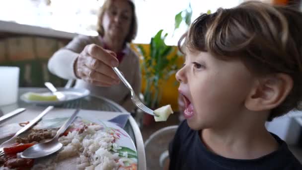  Niño pequeño almorzando. La abuela alimenta a su nieto con comida. Concepto de nutrición saludable - Metraje, vídeo