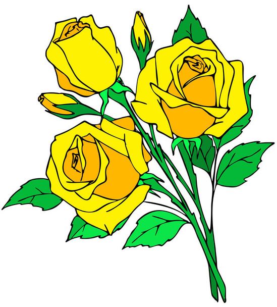 drawing rose branch with yellow flower and leaves, isolated element, design - Vektor, obrázek