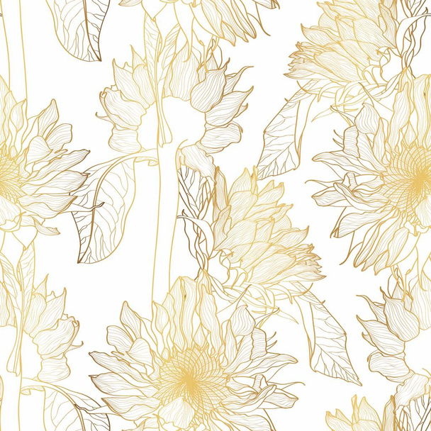Ayçiçeği altın çizgisi kumaş ve tekstil tasarımı için kusursuz desen. Çizgi sanatı çiçekleri siluetleri. Ayçiçeği çiçeği.. - Vektör, Görsel
