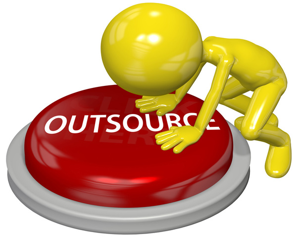 Business person cartoon push OUTSOURCE button concept - Photo, Image