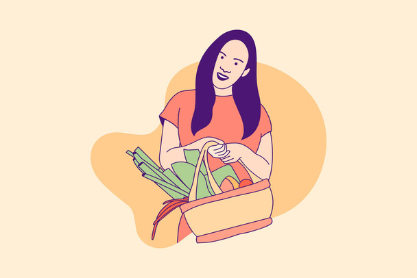 Illustrazioni bella donna in possesso di cestino da picnic cibo per la Giornata Mondiale dell'Alimentazione concetto di design - Vettoriali, immagini