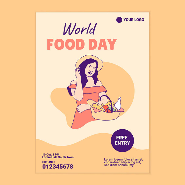 Illustrazioni bella donna che tiene cestino da picnic cibo per la Giornata Mondiale dell'Alimentazione modello poster - Vettoriali, immagini