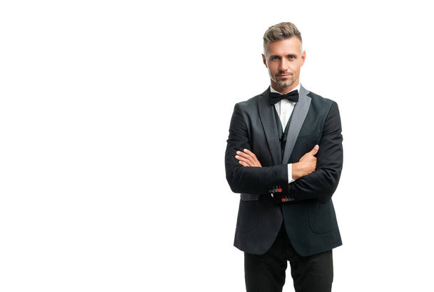 handsome man in bow tie suit. businessman isolated on white. big boss in formal wear. copy space. - Valokuva, kuva