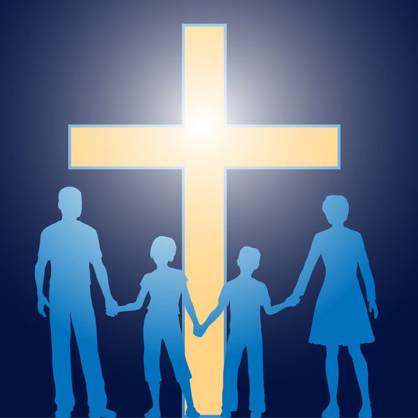 Familia cristiana de pie ante cruz luminosa
 - Vector, Imagen
