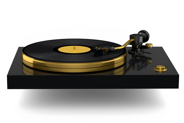 Vinyl record player or DJ turntable with retro vinyl disk on white background. 3d render of sound equipment and concept for sound entertainment. - 写真・画像