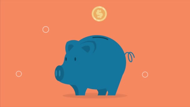 poupança porquinho com animação de moedas, vídeo 4k animado - Filmagem, Vídeo