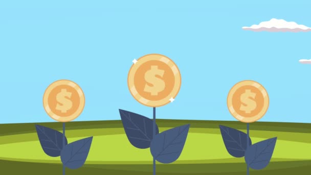 monedas dólares plantas animación escena, 4k video animado - Metraje, vídeo