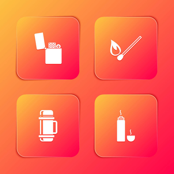 Set Lighter, Burning match with fire, Thermos container and icon. Vector. - Vector, Image