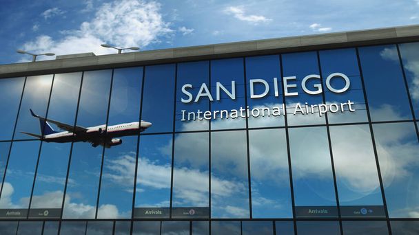 米国カリフォルニア州サンディエゴでの航空機着陸3Dレンダリングイラスト。ガラス空港ターミナルとジェット飛行機の反射で街に到着。旅行、ビジネス、観光、交通. - 写真・画像