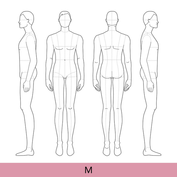 Sada M Size Men Módní šablona 9 devět hlava střední Croquis s hlavními liniemi model hubené tělo figurka přední, boční, pohled zezadu. Vektorový izolovaný náčrt chlapce pro módní design, technický výkres - Vektor, obrázek