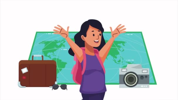 mujer viajero turista carácter animación, 4k video animado - Imágenes, Vídeo