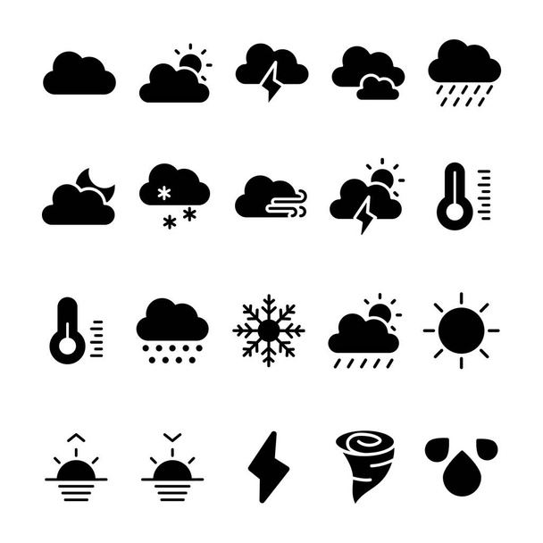 Conjunto de tempo ícone com estilo Glyph. Contém ícones como chuva, nuvem, floco de neve, etc.. - Vetor, Imagem