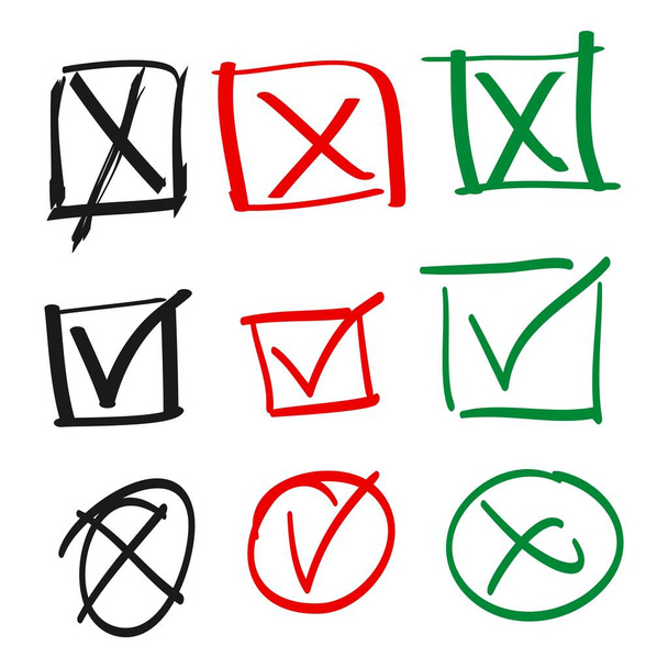 Doodle vinkje en kruis mark pictogram set. Tik symbool. Checklist borden. vectorillustratie - Vector, afbeelding