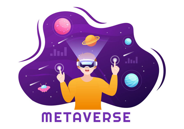 Metaverse Digital Virtual Reality Technology носить VR Glasses for Future Innovation and Communication in Hand Drawn Flat Cartoon Illustration - Вектор, зображення