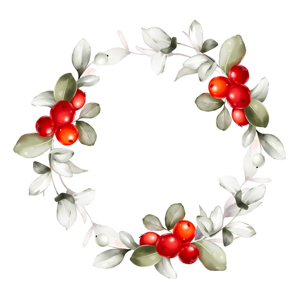 Christmas wreath with branches and berries in a watercolor style - Φωτογραφία, εικόνα