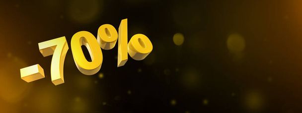 70% off discount. Offer sale. 3D illustration isolated on black. Horizontal banner. Gold numbers and flares - Фото, изображение