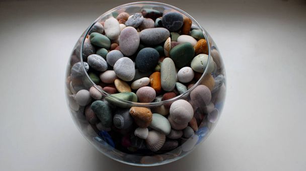 Fishbowl with colored sea pebblestones and seashells on white background angle view stock photo - Φωτογραφία, εικόνα
