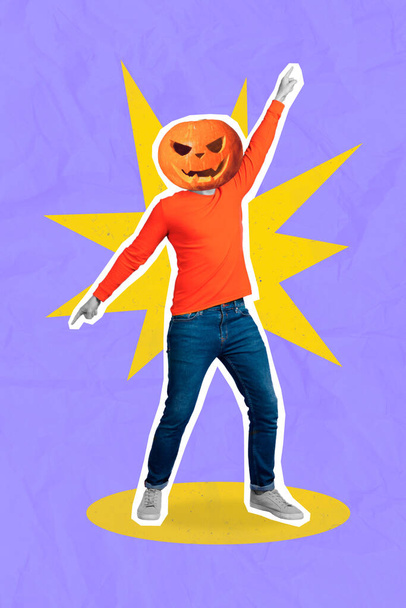 3d retro abstract creative artwork template collage of dancing funny man halloween pumpkin mask costume lumberjack have fun evil ghost. - Photo, Image