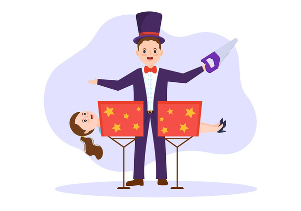goochelaar illusionist toveren trucs en zwaaien met een toverstaf boven zijn mysterieuze hoed op een podium in Template met de hand getekend cartoon platte illustratie - Vector, afbeelding