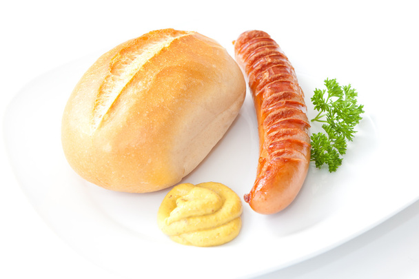 Grillowane kiełbaski - Bratwurst z musztardą, chleb i pietruszka - Zdjęcie, obraz
