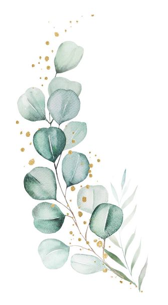 Букет з зеленого і золотистого листя акварелі і гілочок, ізольовані ілюстрації. Ботанічний елемент для романтичних весільних канцтоварів, вітальних листівок та ремесел
 - Фото, зображення