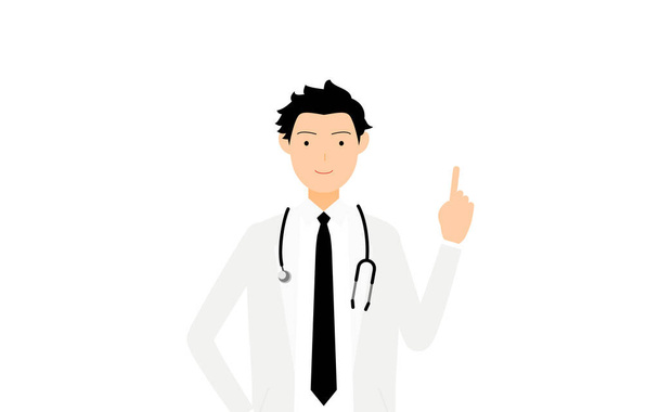Médecin masculin en manteau blanc tenant l'index - pose pointue - Vecteur, image