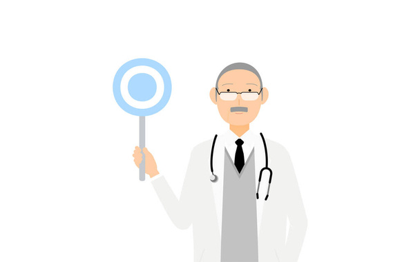 Senior médico masculino en blanco abrigo celebración círculo palo, respuesta pose - Vector, imagen
