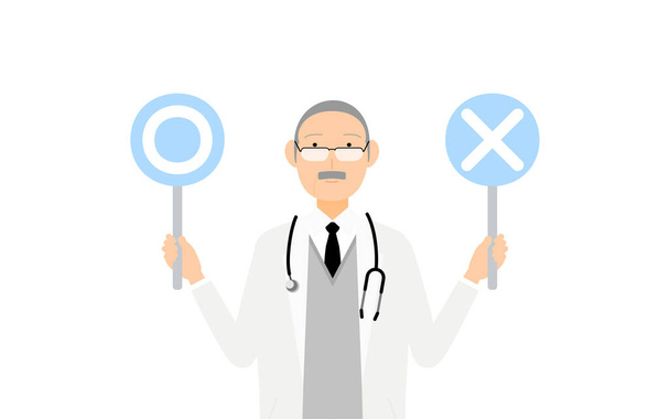 Старший врач в белом халате держит зачеркнутую палку в позе совпадающих ответов - Вектор,изображение