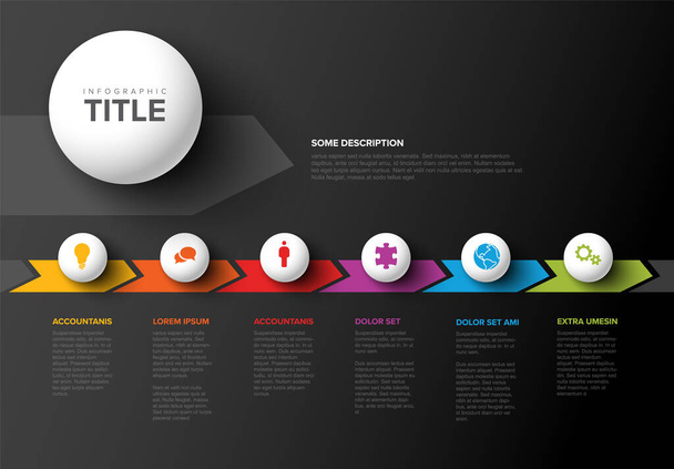Vector dark progress steps template made from six light spheres with icons, descriptions and rainbow colorful arrows timeline in the dark gray background. Dark timeline with color icons - Vector, Image