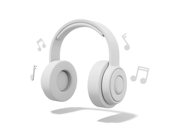 White headphones with notes on white background. 3d rendering. - Zdjęcie, obraz