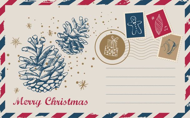 Vánoční pošta, pohlednice, ručně kreslená ilustrace. - Vektor, obrázek