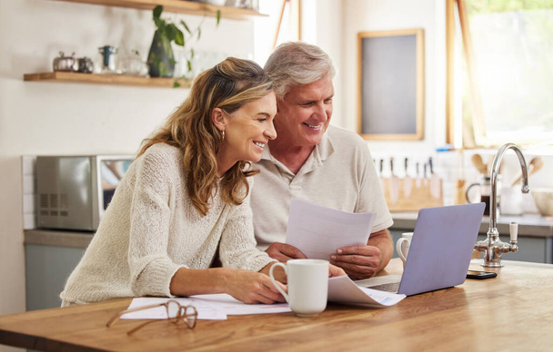 Retirement, investment and couple on laptop and paperwork for online, digital banking application planning pension. Elderly people doing asset management, check contract information, finance or will. - Photo, Image