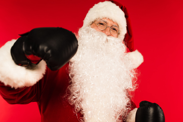 Santa claus in eyeglasses and boxing gloves looking at camera isolated on red  - Fotografie, Obrázek