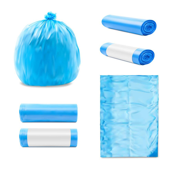 青いプラスチック製のゴミ袋、ゴミ箱やゴミ袋の現実的なモックアップ、隔離されたベクトル。ロール内のゴミ袋又はゴミ袋若しくはポリエチレン製のゴミ袋、空で完全又はタイ式のゴミ袋 - ベクター画像
