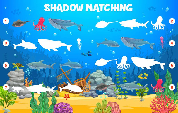 Underwater landscape with sea animals, shadow match game worksheet, kids vector cartoon puzzle. Find correct shadow or silhouette of ocean fish, shark and octopus with whale and dolphin or jellyfish - Vector, Image