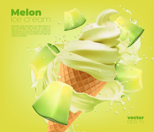 スプラッシュ付きメロンソフトアイスクリームコーン、ベクトル夏のデザートやミルク製品の広告。メロン風味のソフトクリーム、ウェーハまたはワッフルコーンの冷凍アイスクリームスクープ、冷たい乳製品フルーツデザート - ベクター画像