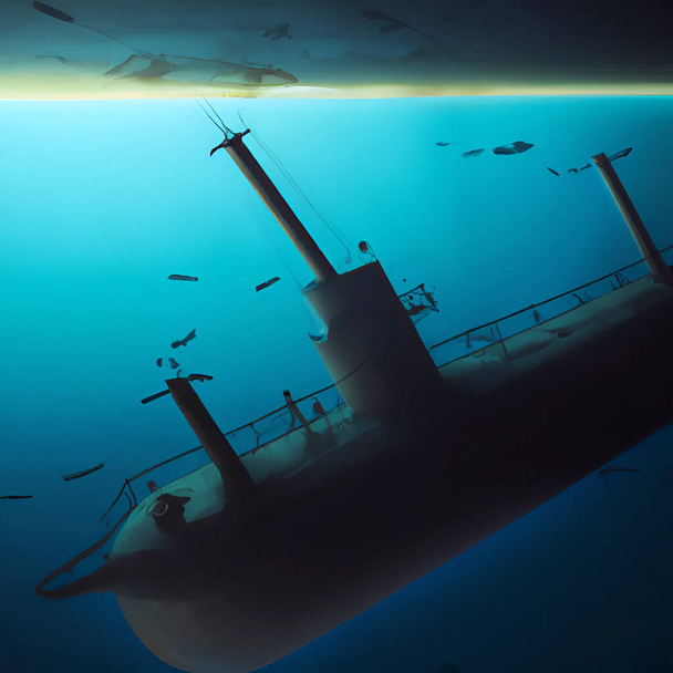 Nave submarina acercándose a tubería dañada bajo el agua que gotea en el océano oscuro profundo como la ilustración de la corriente nord - Foto, Imagen